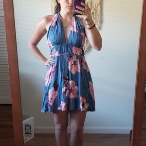 Backless blue halter floral mini dress